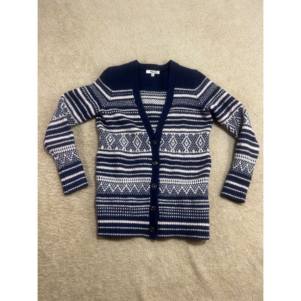 Madewell 1937 Blue‎ White Fair Isle Knit 100% Wool Aztec Cardigan Sweater Small